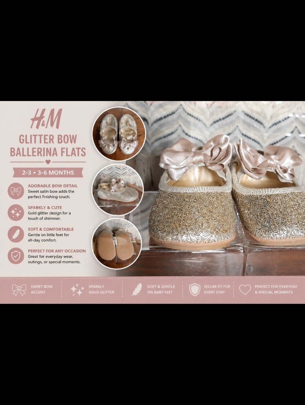 H&M 2-3 3-6 Months Baby Gold Glitter Bow Detail Ballerina Flats